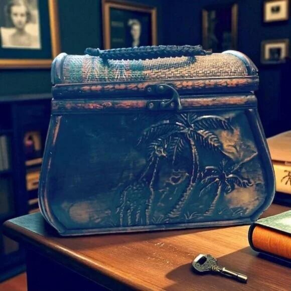 Vintage Wood & Rattan Handmade Purse - Rare - Picture 1 of 7